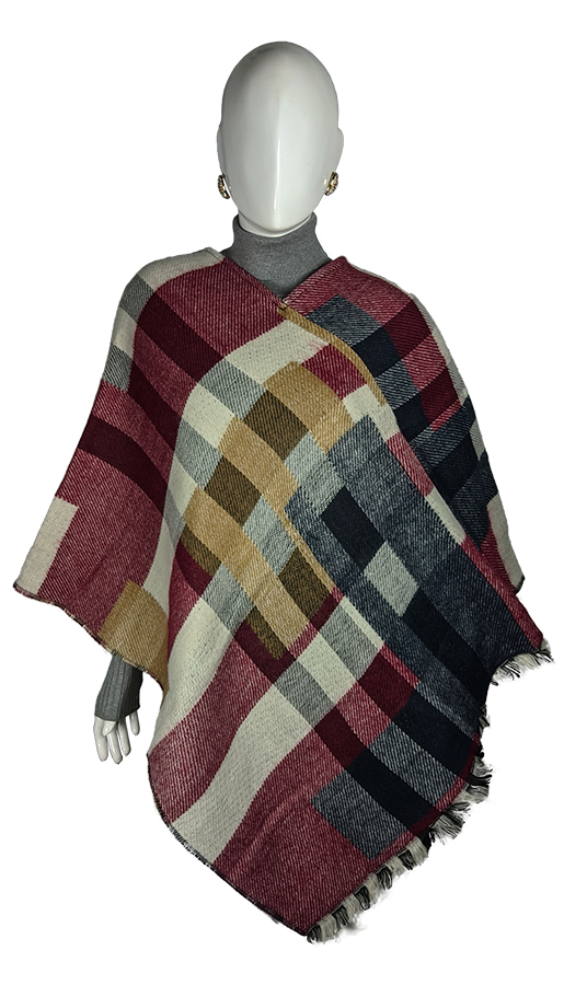 Poncho Triangular Cuadros Azul Vino Doble Faz
